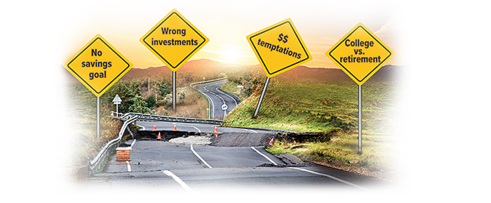 Four yellow, diamond-shaped road signs with the following warnings: No savings goal, wrong investments, financial temptations, and college versus retirement.